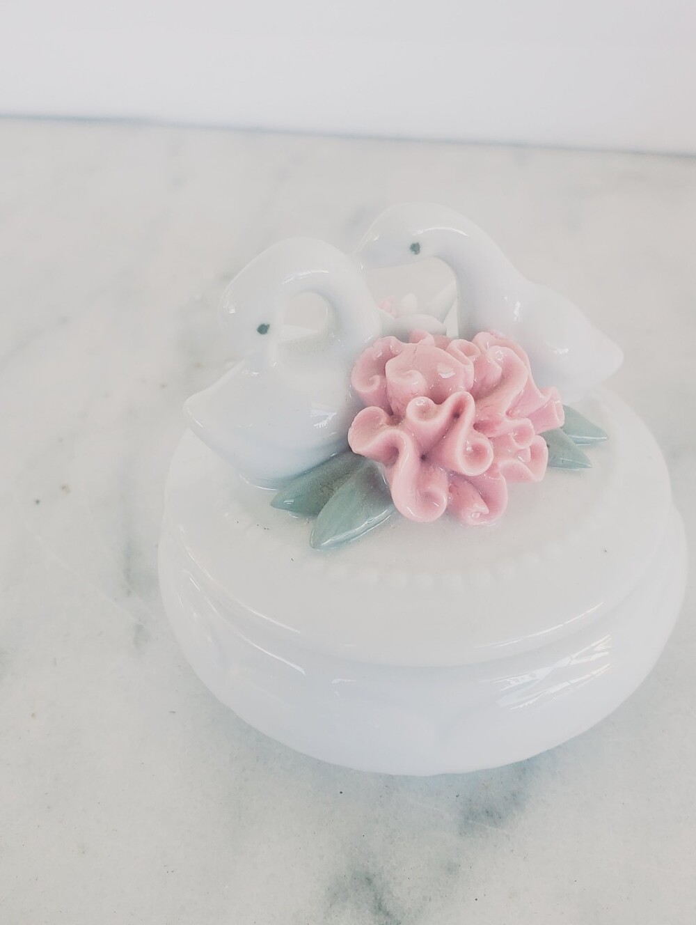 Vintage Small Round Porcelain Trinket Box With Two Swans And Florals